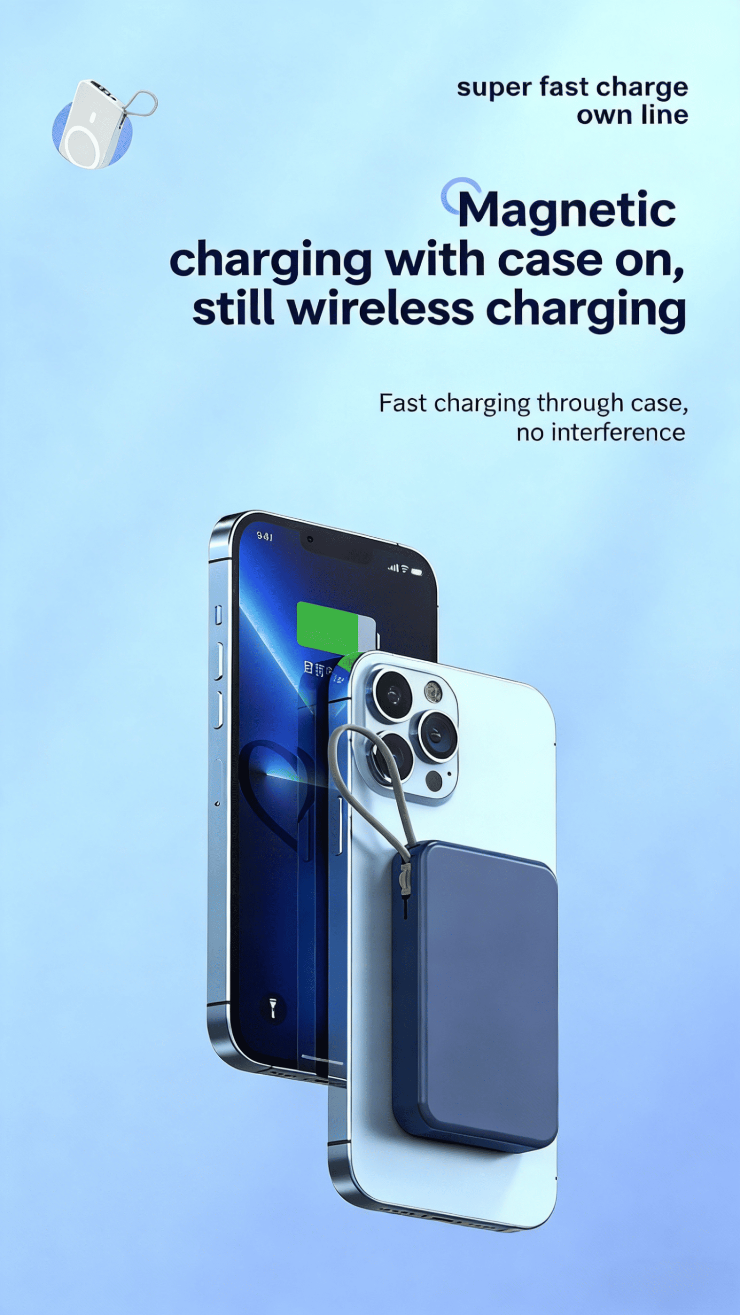 10000mAh Slim magnetic Wireless Power Bank Fast Charging 3.0, Portable Charger with Built-in Cables