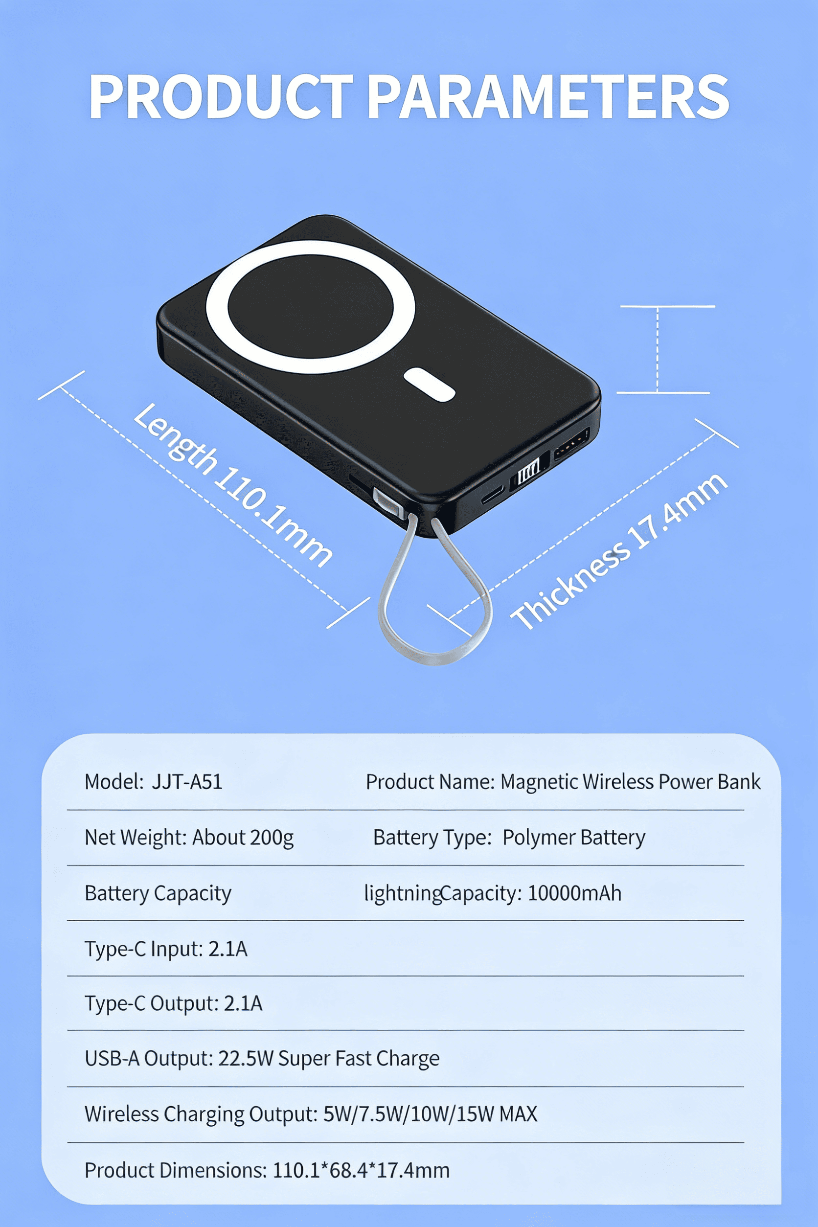 10000mAh Slim magnetic Wireless Power Bank Fast Charging 3.0, Portable Charger with Built-in Cables