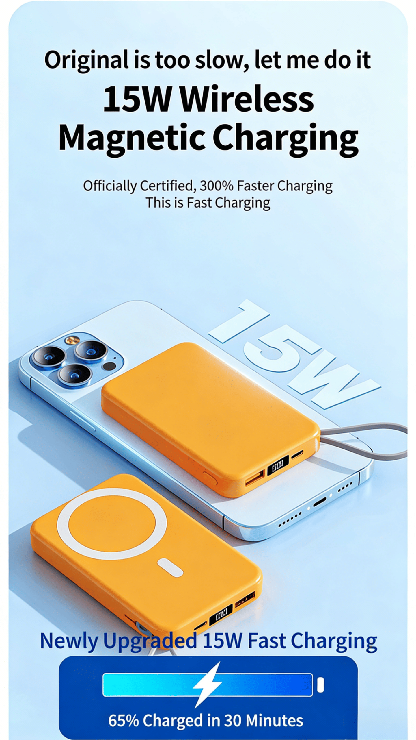 10000mAh Slim magnetic Wireless Power Bank Fast Charging 3.0, Portable Charger with Built-in Cables
