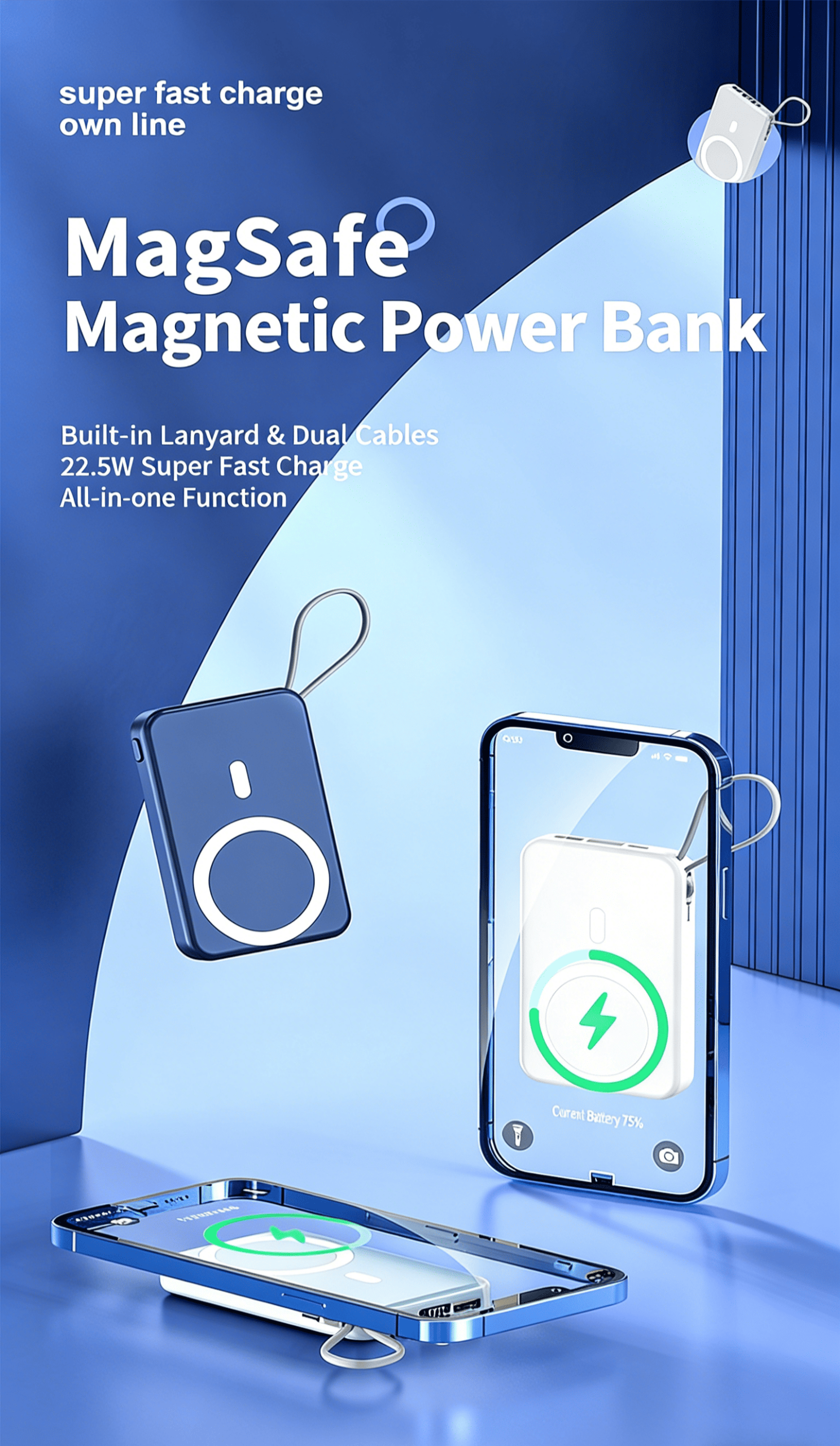 10000mAh Slim magnetic Wireless Power Bank Fast Charging 3.0, Portable Charger with Built-in Cables
