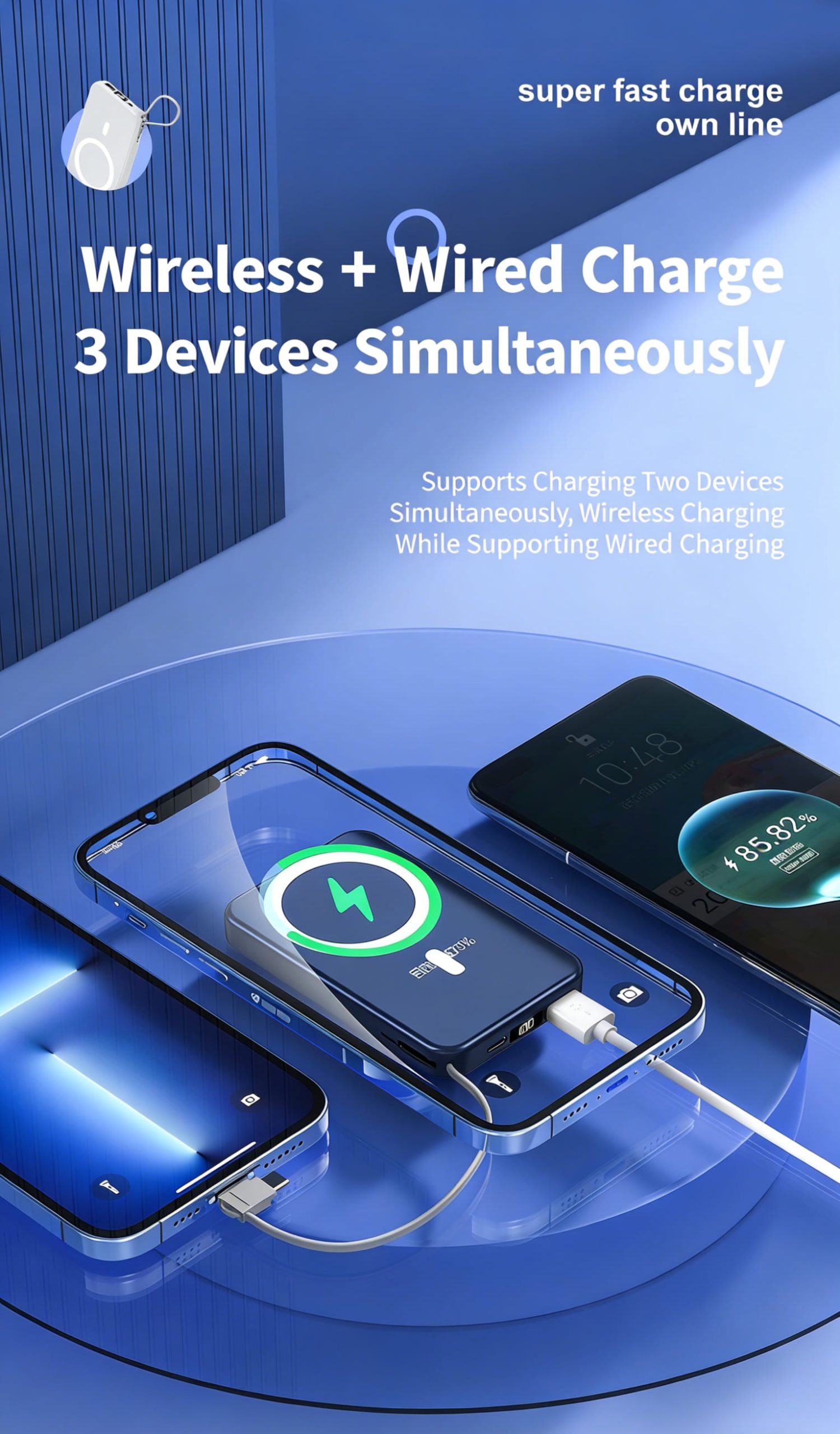 10000mAh Slim magnetic Wireless Power Bank Fast Charging 3.0, Portable Charger with Built-in Cables