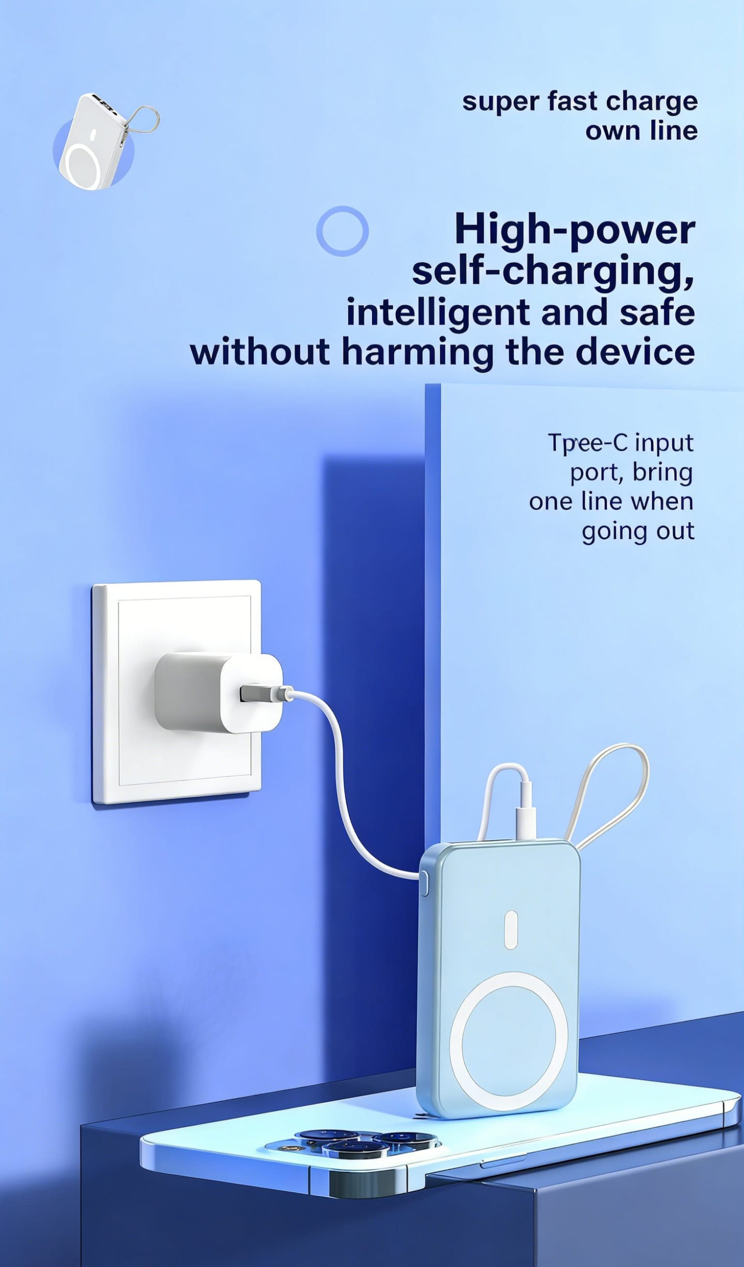 10000mAh Slim magnetic Wireless Power Bank Fast Charging 3.0, Portable Charger with Built-in Cables