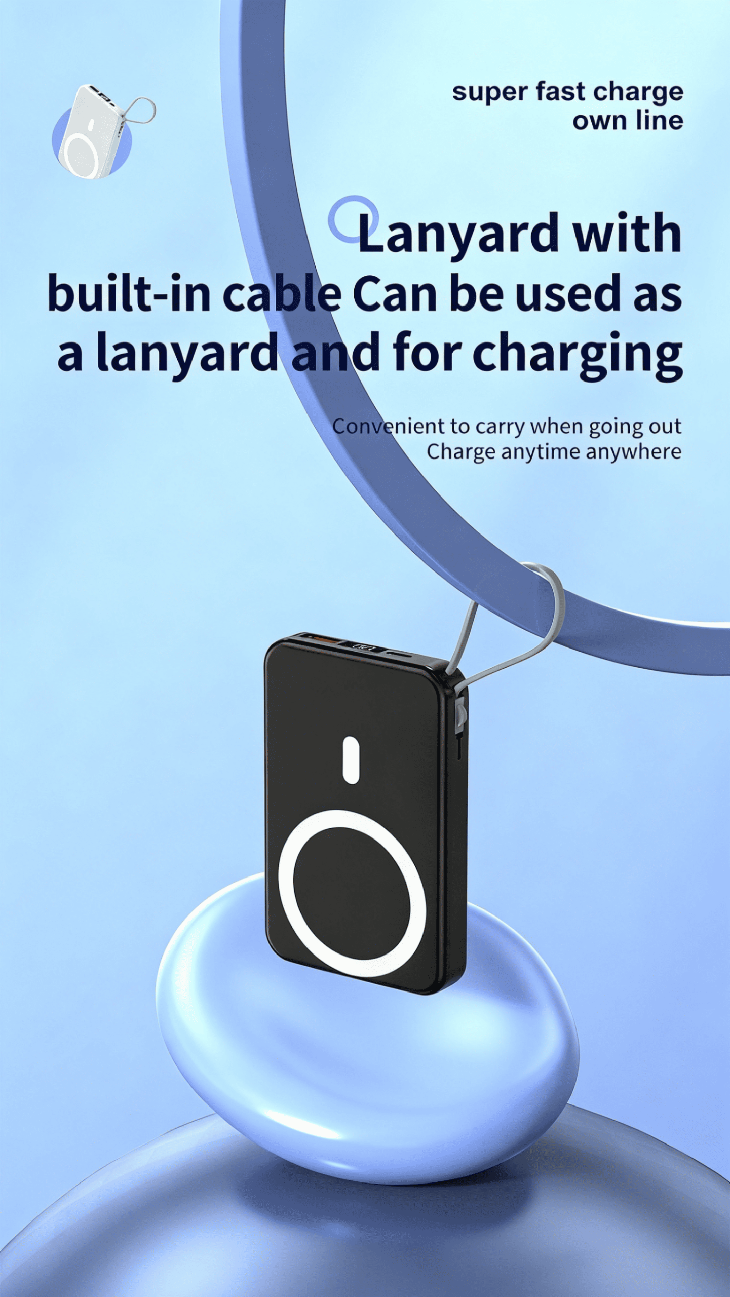 10000mAh Slim magnetic Wireless Power Bank Fast Charging 3.0, Portable Charger with Built-in Cables