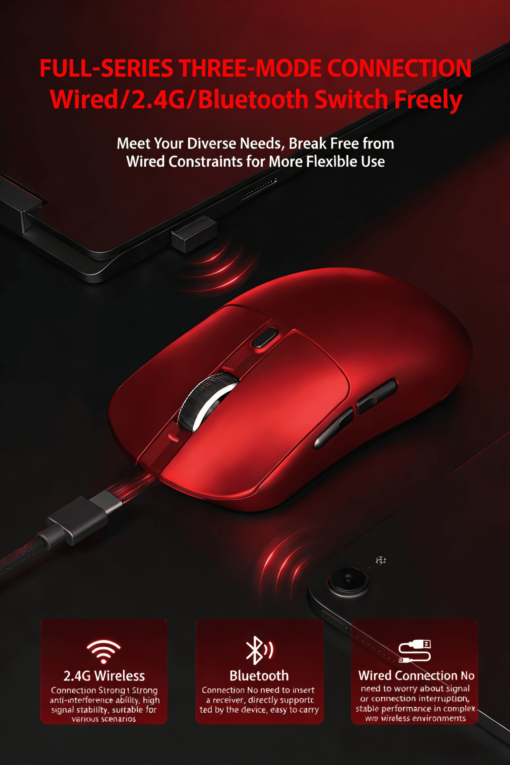 Tri-Mode Wireless/Wired Gaming Mouse Programmable Buttons for Work & Play