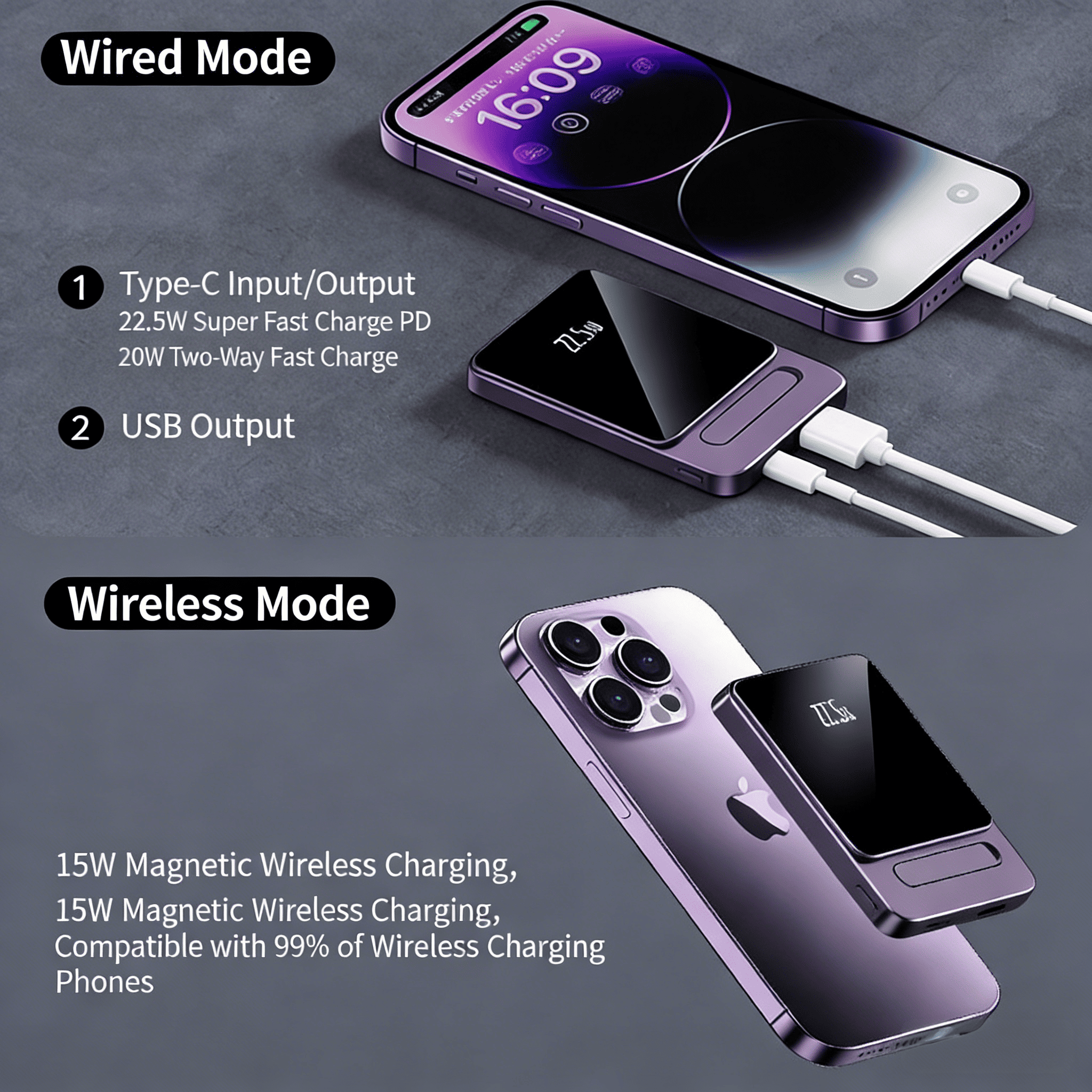 22.5W Quick Charge Wireless Power Bank Portable magnetic Charger Travel CPAP Battery Flight-Safe